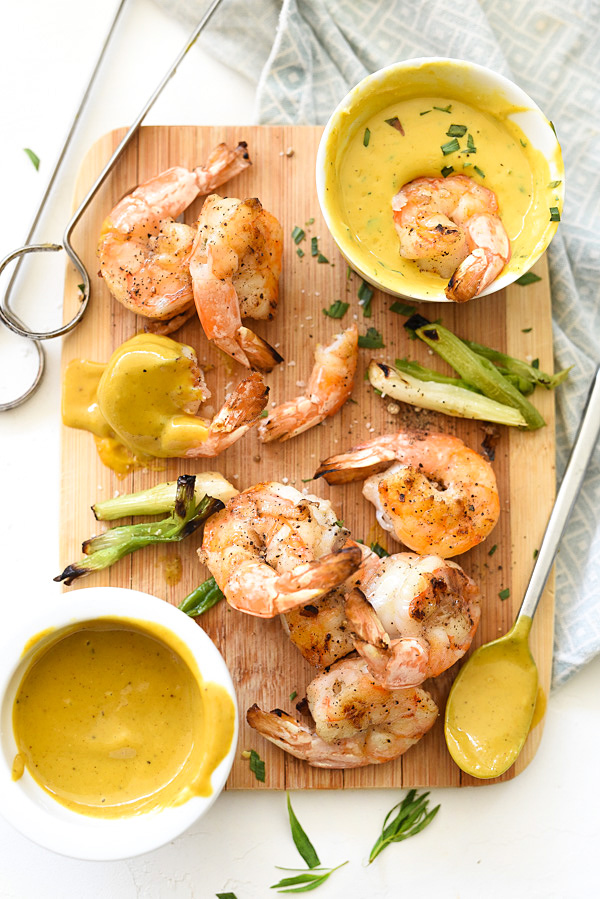 Grilled Shrimp with Sweet or Spicy Mustard Dipping Sauce | foodiecrush.com #skewers #recipes #easy #yellow #appetizers #sauce
