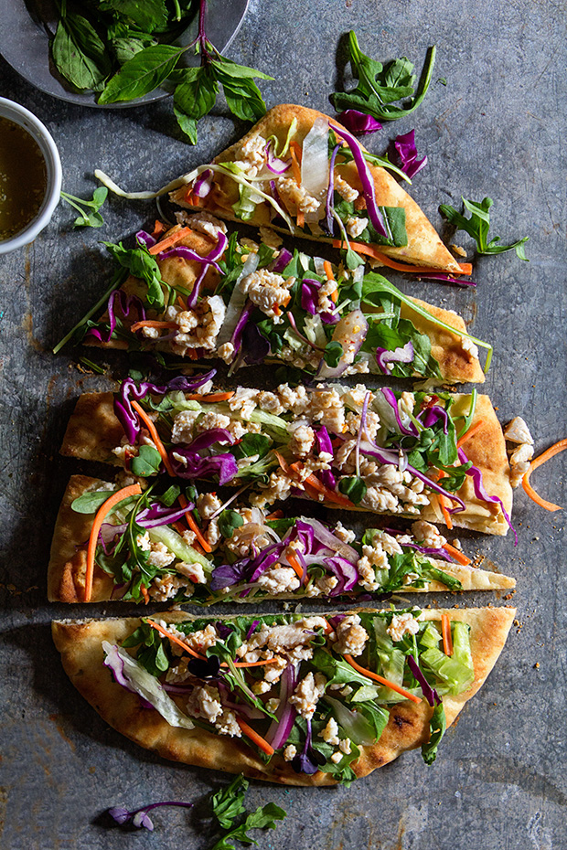 Larb Chicken Flatbread from bakersroyale.com on foodiecrush.com 