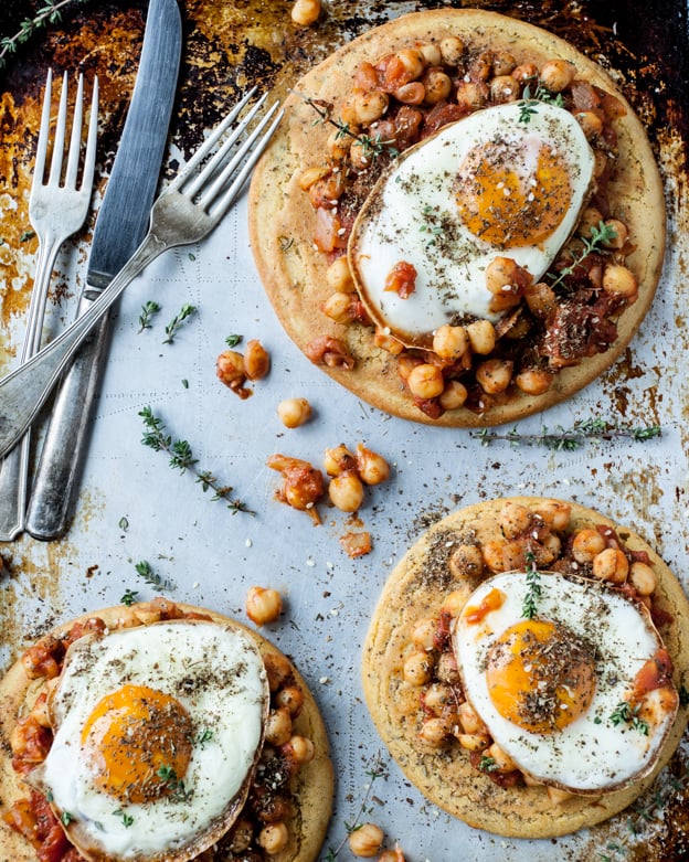 Spicy Chickpeas and Fried Egg Flatbread from DishingUptheDirt.com on foodiecrush.com