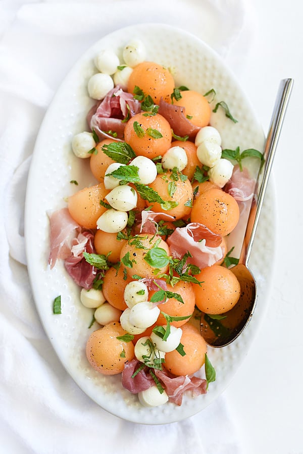 Cantaloupe and Mozzarella Caprese Salad | foodiecrush.com #freshfruit #mint #mozzarella #recipes #summer #easy
