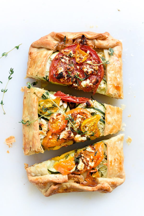 Heirloom Tomato, Zucchini, Caramelized Onion and Feta Galette | foodiecrush.com #summer #heirloom #recipe #piecrusts #cheese
