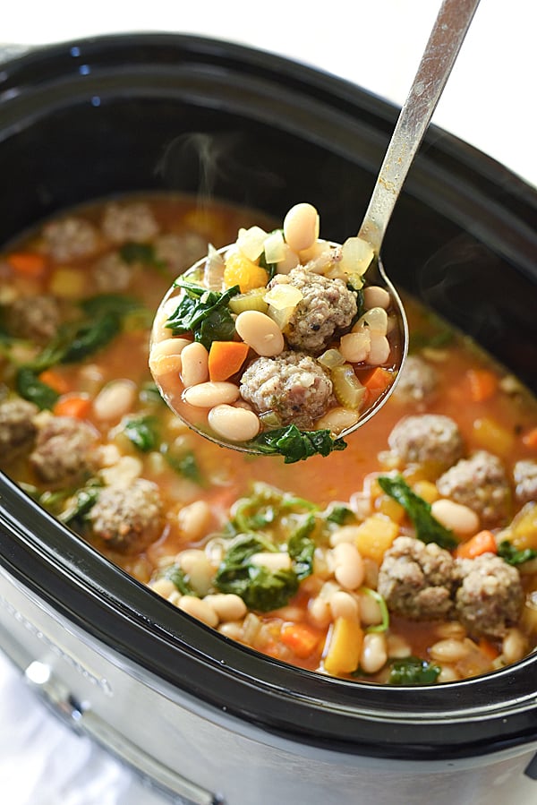 Crock Pot Tuscan White Bean Soup with Sausage | foodiecrush.com