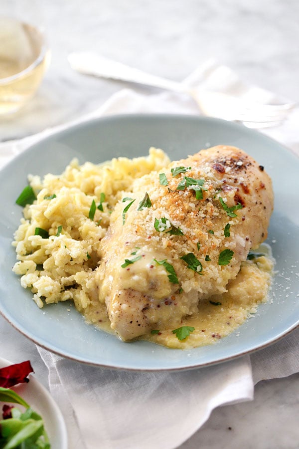 Cheesy Mustard Baked Chicken Breasts | foodiecrush.com #recipes #breastrecipes #bake #comfortfoods #cheese