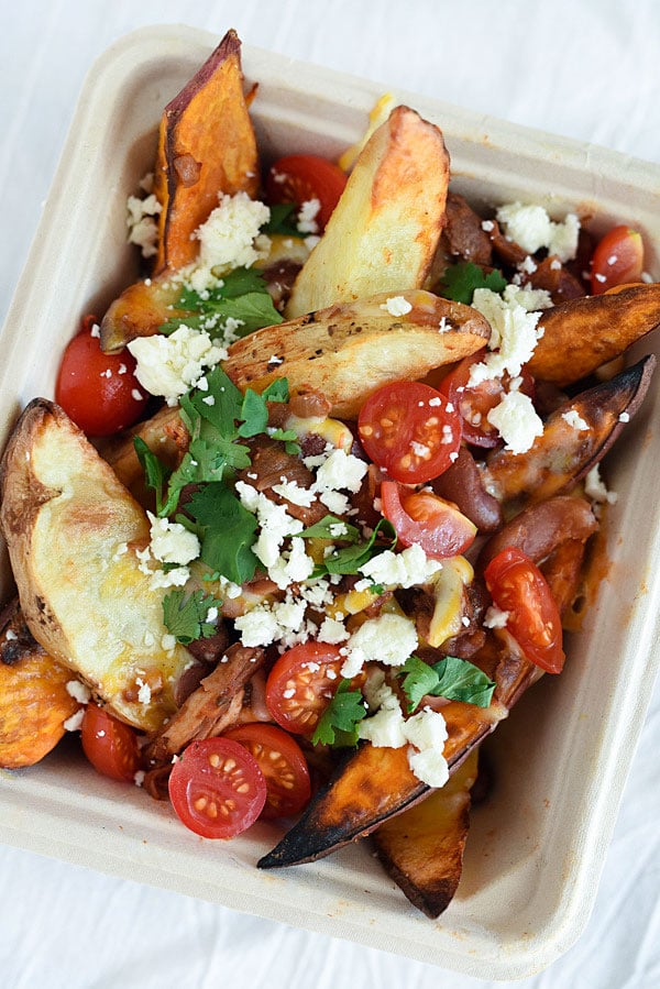 Potato wedges topped with chili and cheese are just one way to put your leftovers to work | foodiecrush.com 