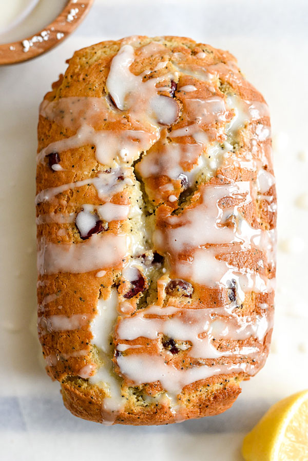 Lemon Poppyseed Bread with Cranberries on foodiecrush.com #easy #treats #withglaze #recipe #moist #withyogurt