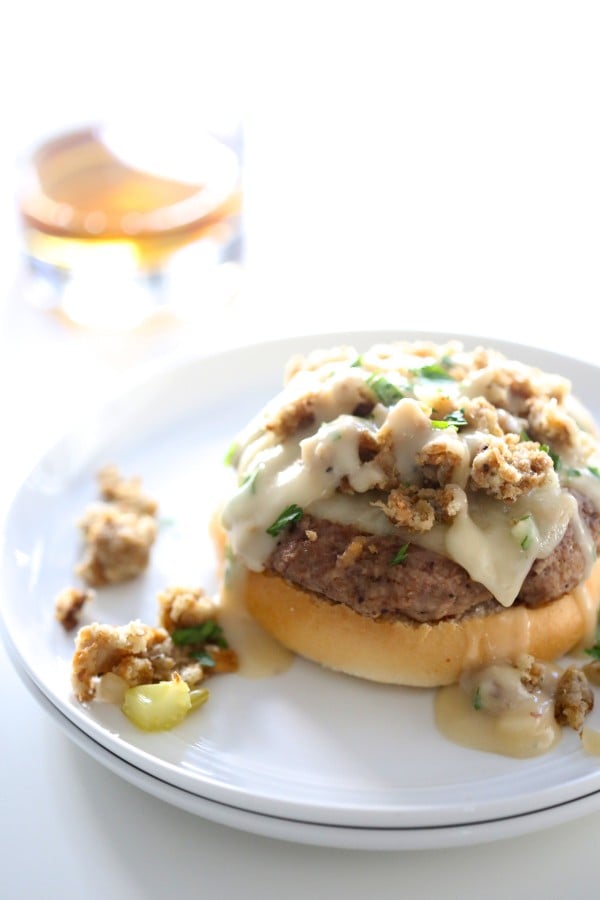 Open-faced Turkey Burger with Apple Bourbon Gravy by Climbing Grier Mountain on foodiecrush.com