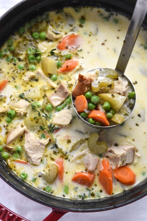 Turkey Pot Pie Soup | foodiecrush.com #easy #dinners #recipes #comfortfoods #Thanksgivingleftovers