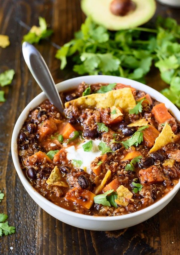 Slow Cooker Turkey Quinoa Chili with Sweet Potatoes and Black Beans from wellplated.com on foodiecrush.com