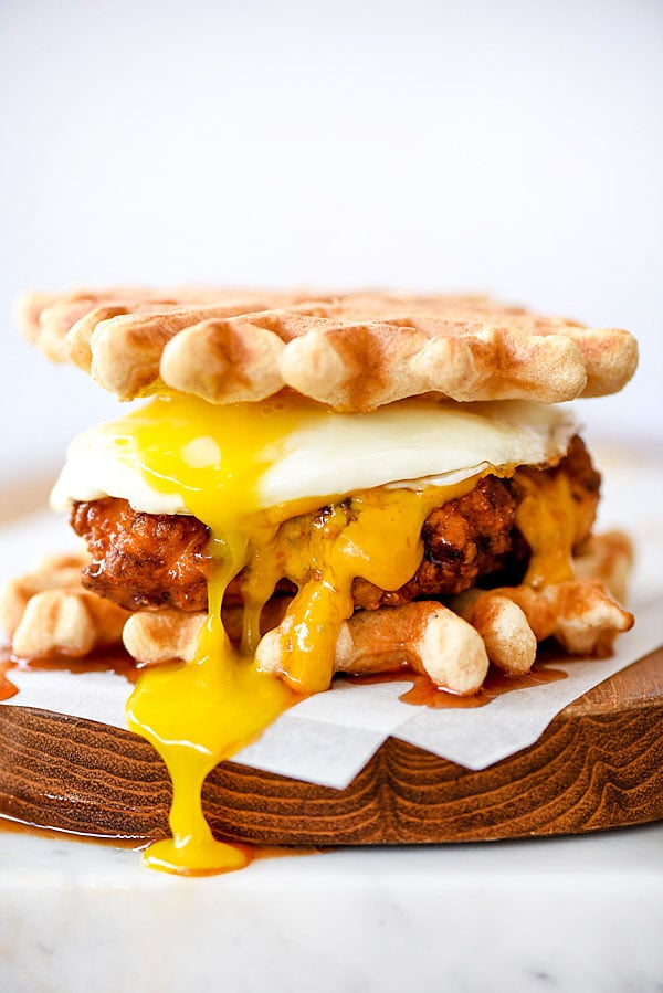 Chicken and Waffles Sliders Plus 4 Spicy Dipping Sauces | foodiecrush.com #recipe #southern #sliders #appetizer #sauce