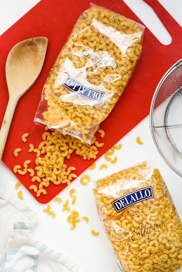 bags of elbow pasta meant for easy baked mac and cheese