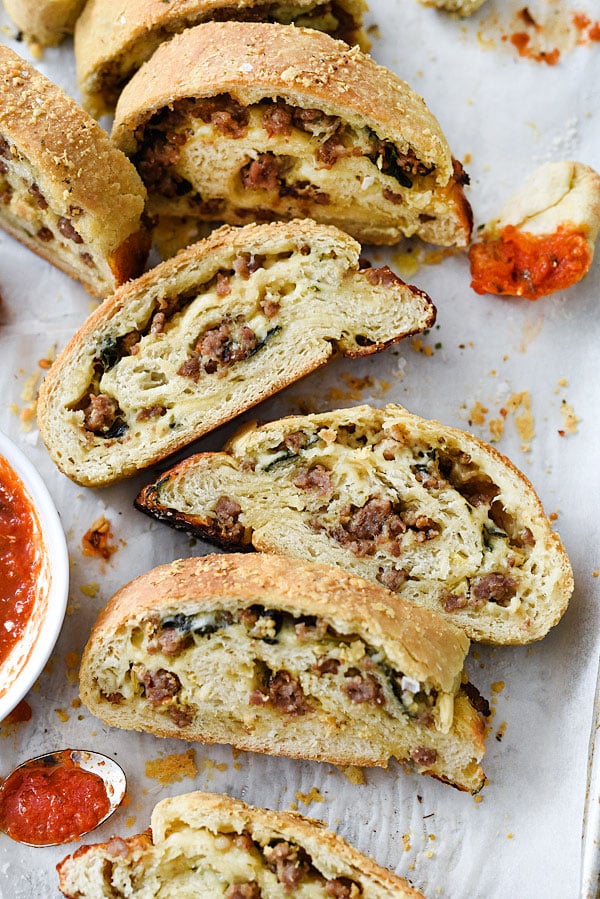 Cheesy Sausage Pizza Bread is an easy appetizer for a crowd | foodiecrush.com