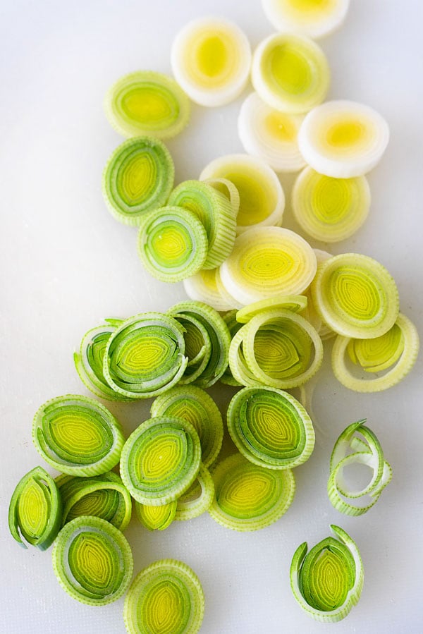 sliced leeks meant for creamy mushroom sauce for chicken 