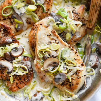 Creamy Mushroom and Leek Chicken Breasts is a family favorite one-pan dinner | foodiecrush.com