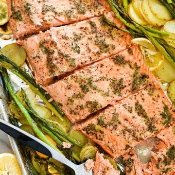 Mustard Salmon Sheet-Pan DInner | foodiecrush.com