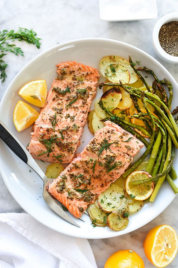 Mustard Salmon Sheet-Pan DInner | foodiecrush.com