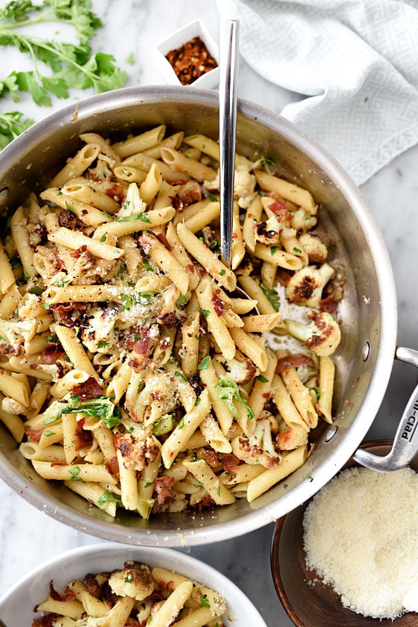 Penne Pasta With Cauliflower and Pancetta | foodiecrush.com #recipes #roasted #noodles 