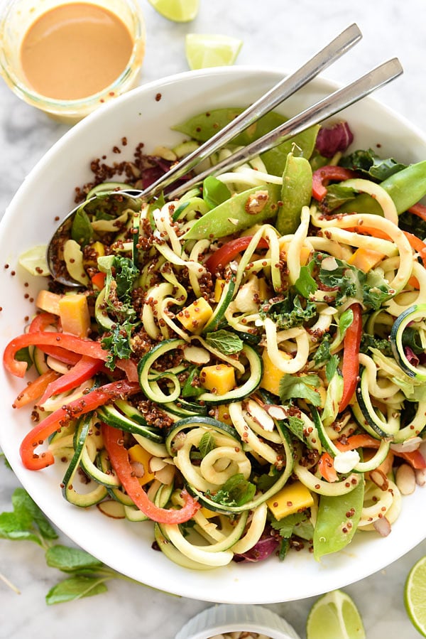 Thai Zucchini Noodle and Quinoa Salad | foodiecrush.com #peanutdressing #recipes #crunchy #easy #salad