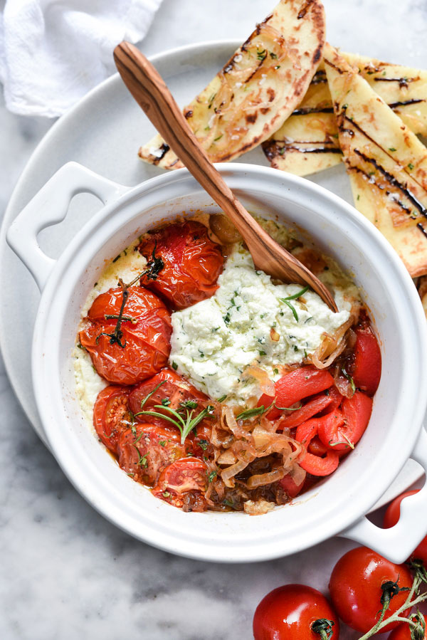 Rosemary Flatbread with Baked Goat Cheese | foodiecrush.com #dip #appetizer #onions #recipes