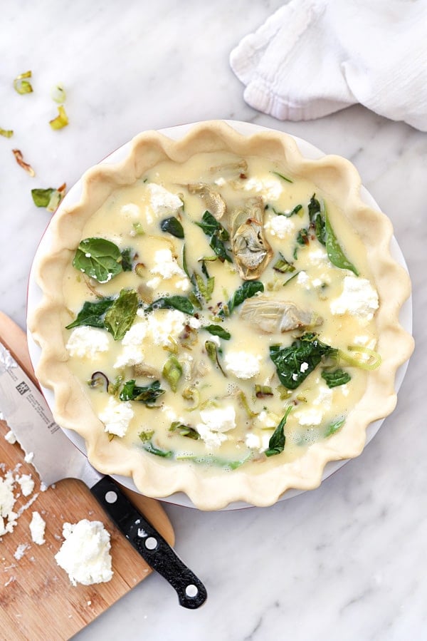 Spinach Artichoke and Goat Cheese Quiche is a simple and savory quiche with an Almondmilk and egg custard base | foodiecrush.com 