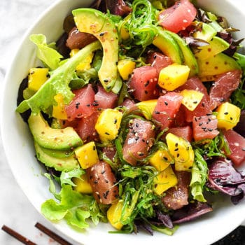 Ahi Tuna Poke Avocado and Mango Salad with a super simple 3 ingredient dressing | foodieccrush.com #salad #lunch #ahi