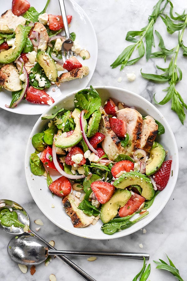 Strawberry Spinach Salad with Chicken and Avocado | foodiecrush.com