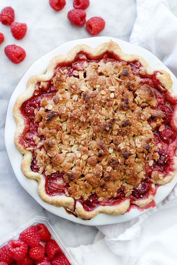 Rhubarb and Raspberry Pie With Oatmeal Crumble | #recipe #easy #crumble #raspberry foodiecrush.com 
