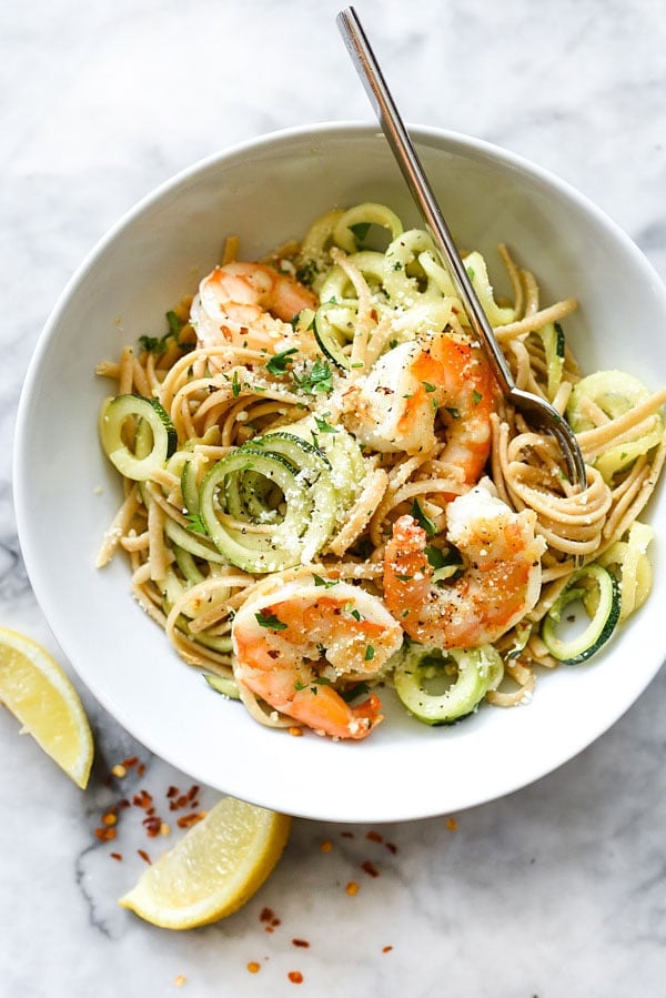 Linguine and Zucchini Noodles with Shrimp | #healthy #zucchinipasta #dinners #noodles foodiecrush.com