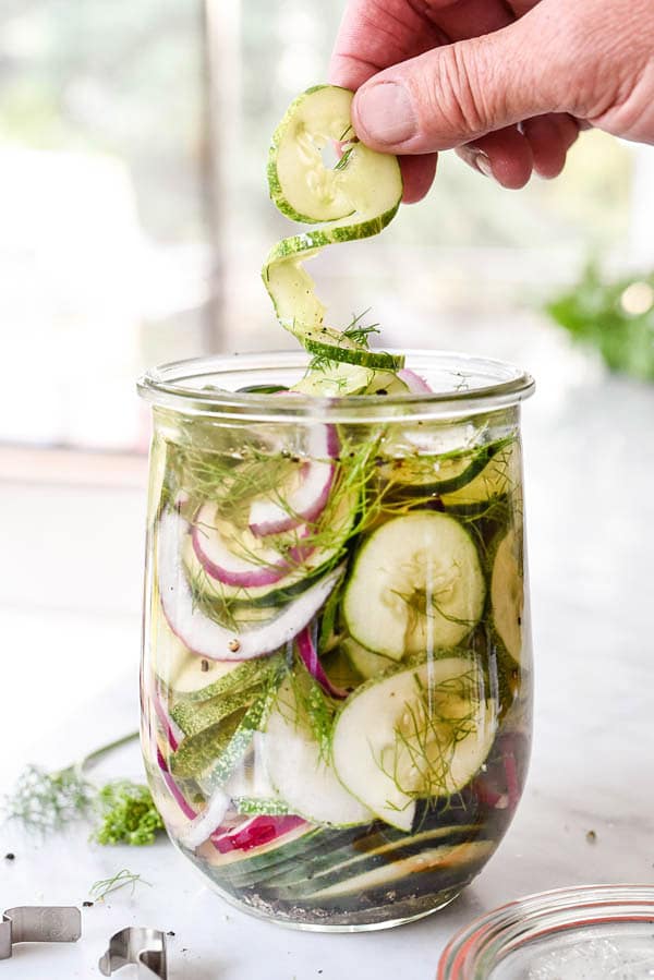 Spiralized Refrigerator Quick Dill Pickles | #dill #easy #DIY #quick #applecidervinegar foodiecrush.com 