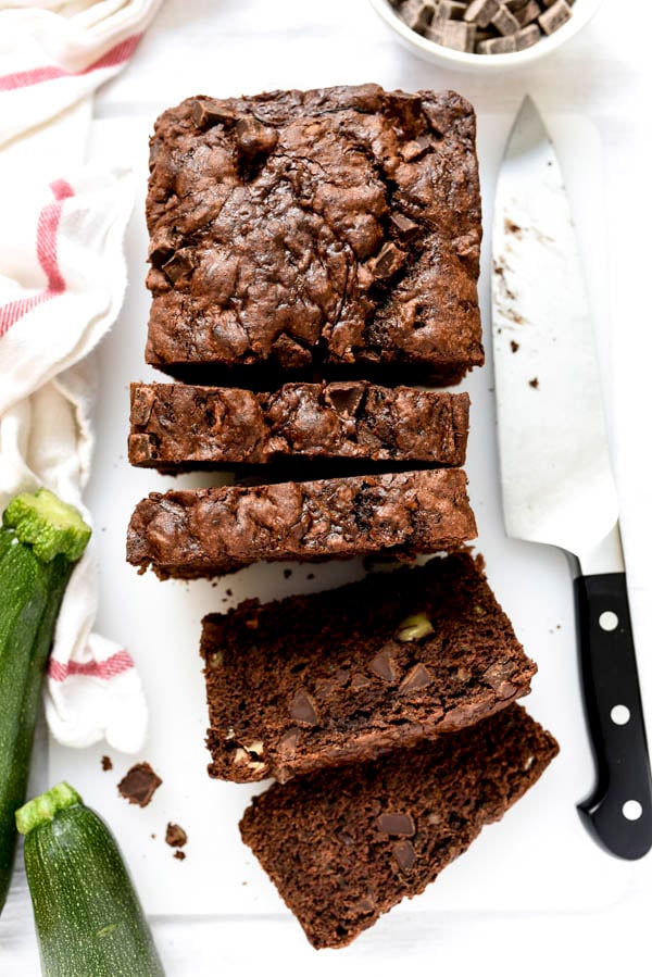 sliced loaf of Double Chocolate Zucchini Bread