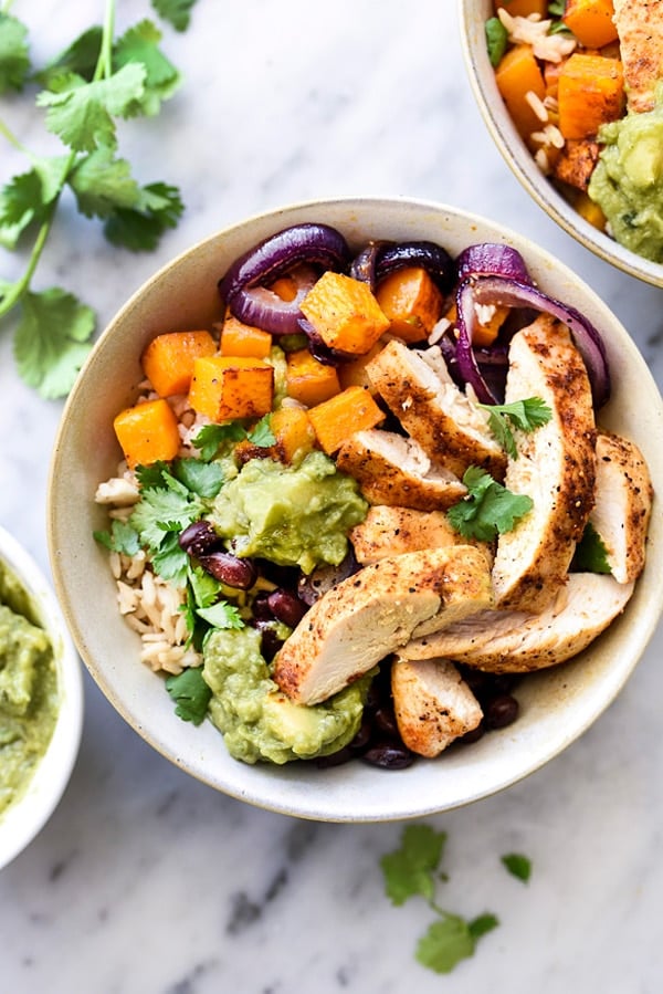 Roasted Chicken, Butternut Squash and Guacamole Rice Bowls | #dinner #healthy #recipe #Mexican foodiecrush.com