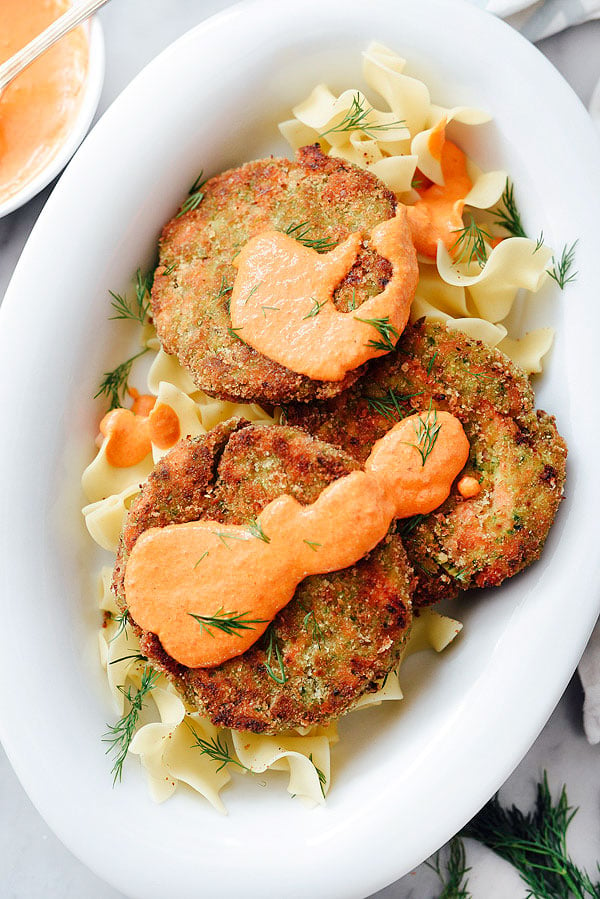 Salmon Cakes with Red Pepper Cream Sauce | foodiecrush.com