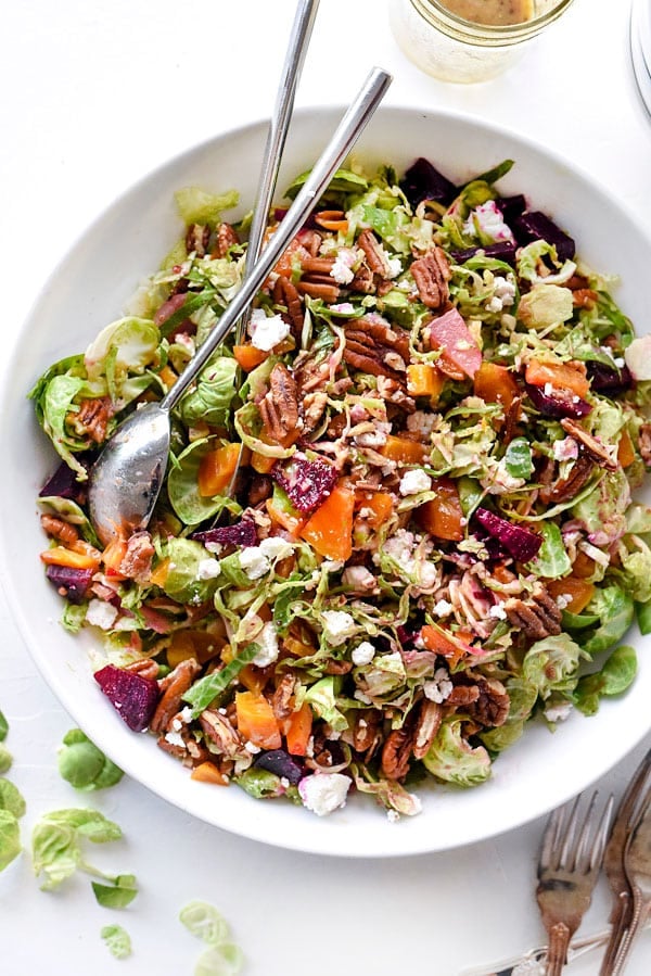 Shaved Brussels Sprouts Salad With Roasted Beets, Pecans and Goat Cheese | foodiecrush.com