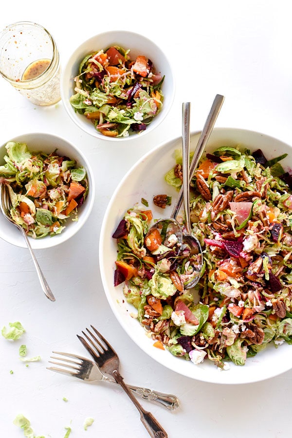 Shaved Brussels Sprouts, Roasted Beets and Goat Cheese Salad | foodiecrush.com