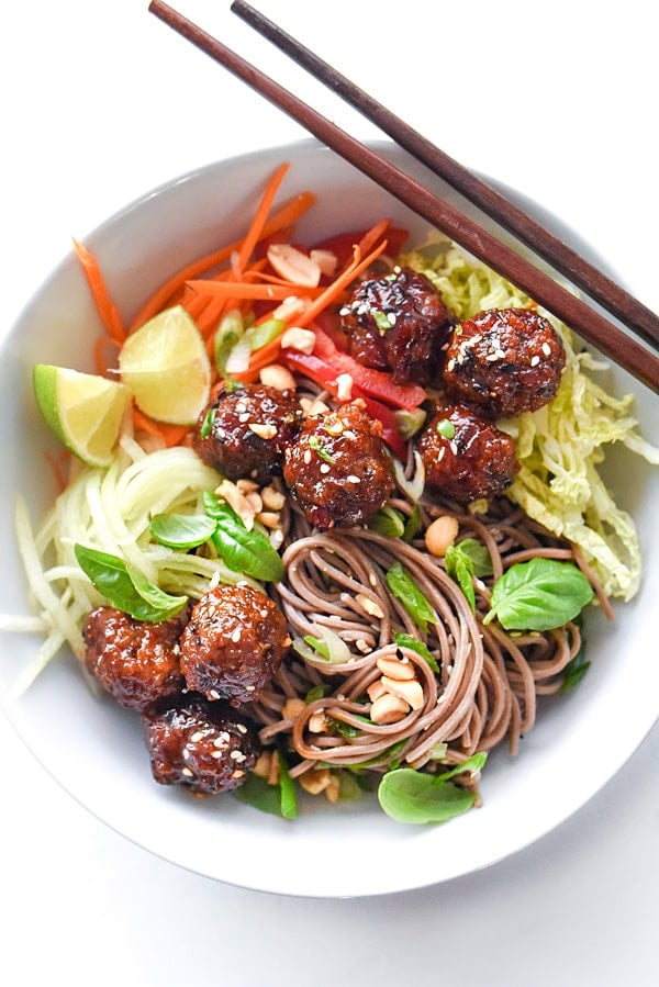 Soba Noodles with Sriracha Meatballs from foodiecrush.com on foodiecrush.com