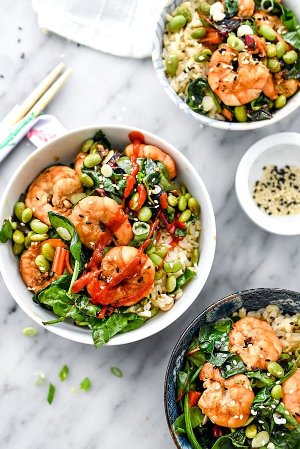 Sesame Shrimp with Asian Greens Rice Bowls | #recipes #healthy #stirfry foodiecrush.com