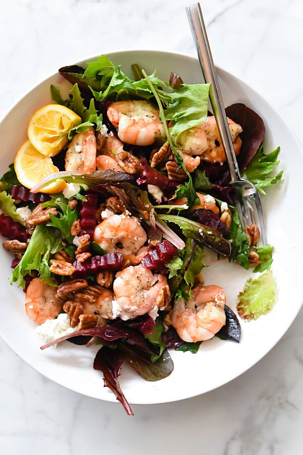 Green Salad with Shrimp, Beets, Pecans and Goat Cheese | foodiecrush.com