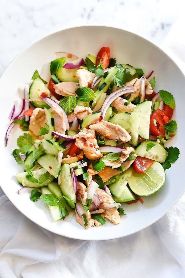 Thai Chicken and Cucumber Salad is lightened up with almond milk in place of coconut milk | foodiecrush.com