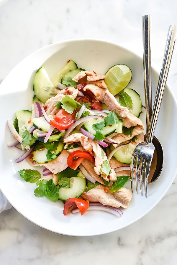 Thai Chicken and Cucumber Salad is lightened up with almond milk in place of coconut milk | foodiecrush.com