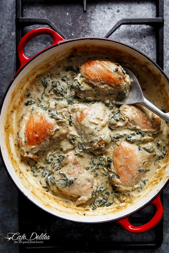 Creamy Spinach Artichoke Chicken Thighs from cafedelites.com on foodiecrush.com
