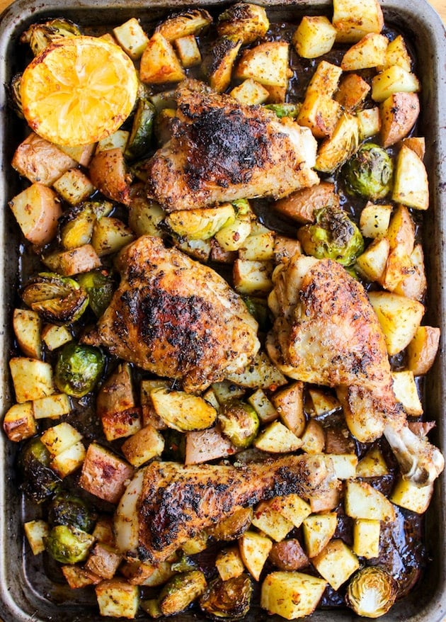 One Pan Chicken with Lemon Garlic Potatoes and Brussels Sprouts from asaucykitchen.com on foodiecrush.com