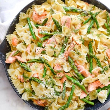 Creamy Bow Tie Pasta with Salmon and Asparagus | foodiecrush.com