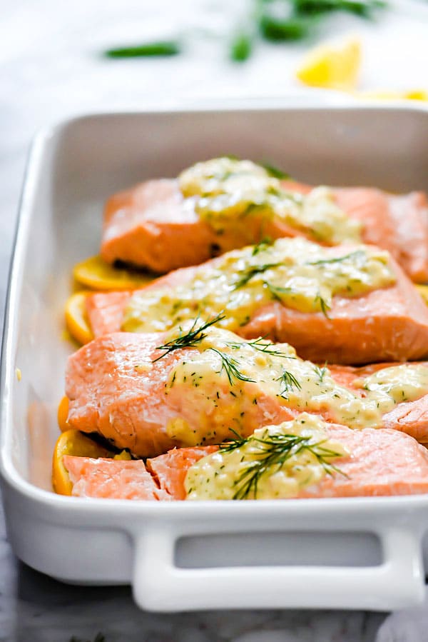 Poached Salmon With Dill Sour Cream Sauce | foodiecrush.com