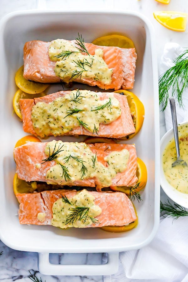 Poached Salmon With Mustard Dill Sauce from foodiecrush.com on foodiecrush.com