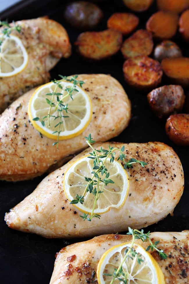 Sheet Pan Lemon Thyme Chicken with Smoked Paprika Potatoes from Two Peas and Their Pod on foodiecrush.com