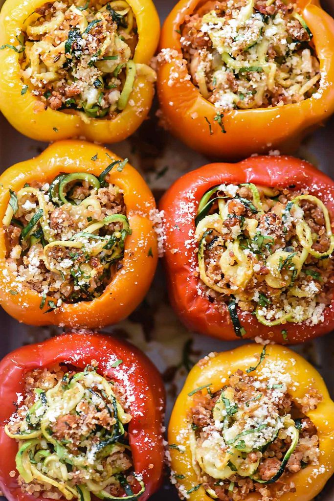 Spiralized Zucchini, Quinoa and Turkey Sausage Stuffed Peppers | foodiecrush.com