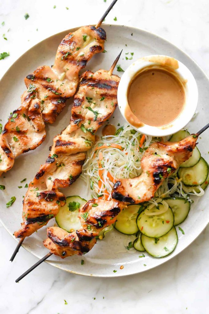 Chicken Sate Skewers with Lighter Almond Dipping Sauce Recipe | foodiecrush.com