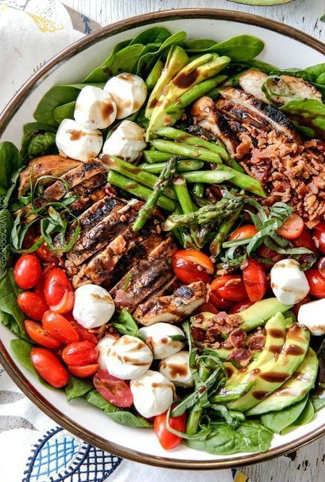 Grilled Caprese Chicken Salad with Avocado, Bacon, and Asparagus from carlsbadcravings.com on foodiecrush.com