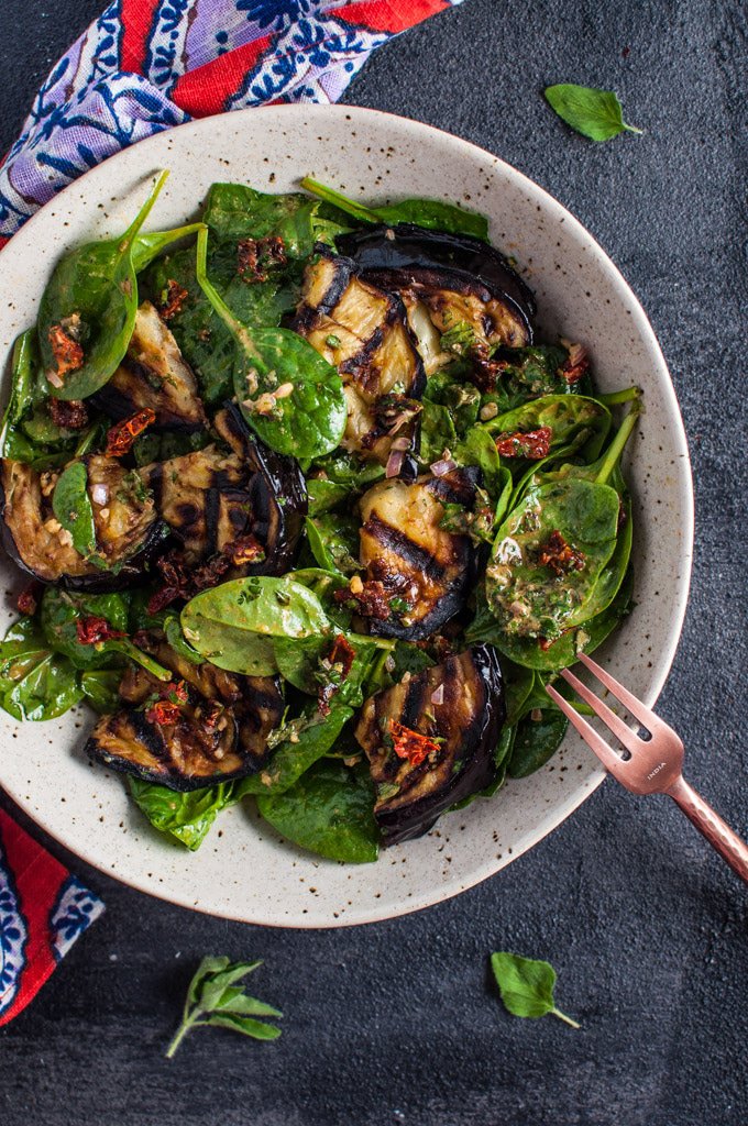 Grilled Eggplant and Spinach Salad from saltandlavender.com on foodiecrush.com