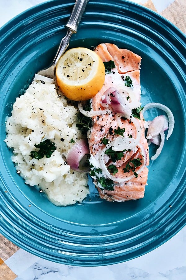 Slow Cooker Poached Salmon from Reluctant Entertainer on foodiecrush.com