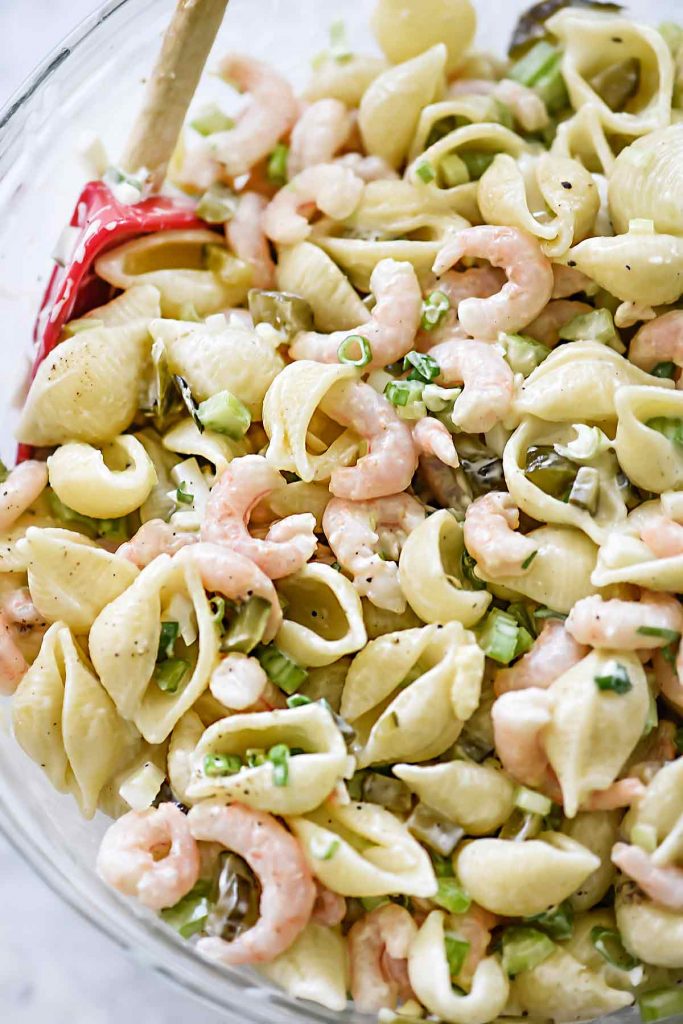 Homemade Shrimp and Macaroni Salad with homemade light dressing | foodiecrush.com